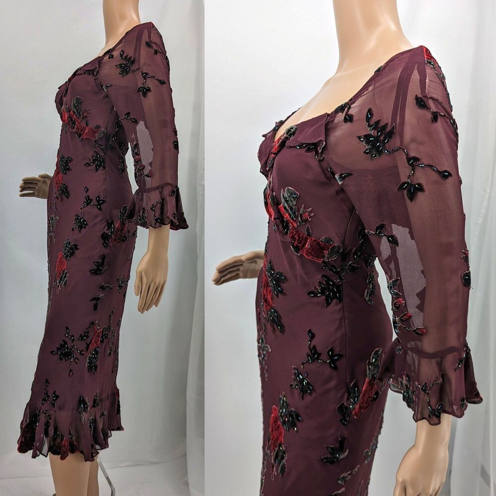 Vintage 1990s y2k Sue Wong Midi Dress Whimsygoth Floral Beaded Silk Fairy Size 2 - Picture 4 of 14
